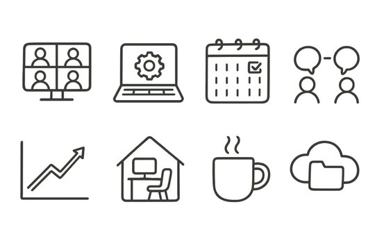 Remote Work set of icons in doodle hand-drawn vector style: online conference, laptop setup, calendar schedule, teamwork chat, productivity graph, home desk, coffee cup, cloud