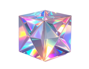 Angled Iridescent Star Cube with Floating Light Highlights, Transparent Background