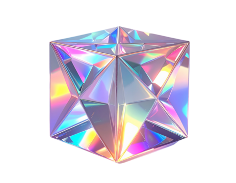 Angled Iridescent Star Cube with Floating Light Highlights, Transparent Background