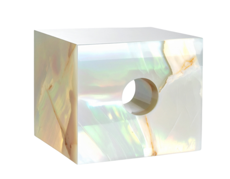 Angled Opal Marble Floating Cube with Light Refractions, Transparent Background