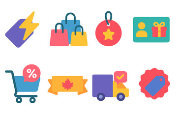 E-Commerce Discounts flat icons: flash sale icon, bulk deal badge, loyalty reward tag, referral bonus card, cart discount popup, seasonal offer ribbon, free shipping label,