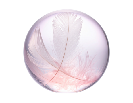 Crystal Feather Floating Sphere Front View, Soft Iridescent Glow, Isolated on Transparent Background