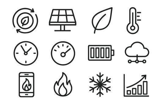 Eco Smart Heating outline icon set: eco dial, solar panel, leaf symbol, temperature slider, schedule clock, humidity meter, energy bar, cloud connection, app screen, flame icon,