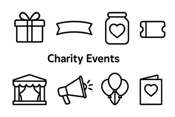 Charity Events outline icon set: gift box, ribbon banner, fundraising jar, ticket pass, event stage, megaphone, balloon cluster, thank-you card.