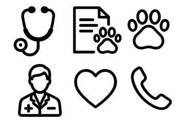 Veterinary Support outline icon set: stethoscope, document, paw, doctor symbol, heart, phone.