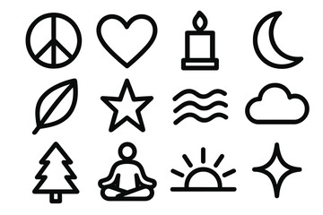 New Year Peace Minimal Line Icons silhouette set: peace symbol, heart outline, candle, moon crescent, leaf, star, wave, cloud, tree, meditating figure, sunrise, sparkle.