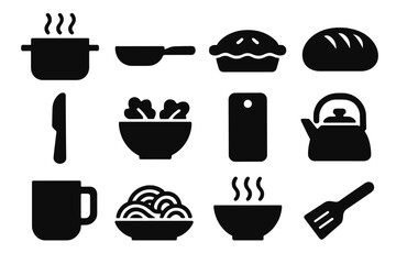 Comfort Food silhouette set: soup pot, skillet, pie dish, bread loaf, butter knife, salad bowl, cutting board, kettle, mug, plate of pasta, steaming bowl, wooden spatula.