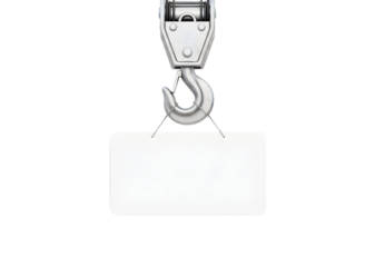 Metal crane hook lifting a blank white sign isolated on transparent background
