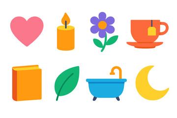 Self-Care flat icons: heart, candle, flower, tea cup, book, leaf, bathtub, moon.