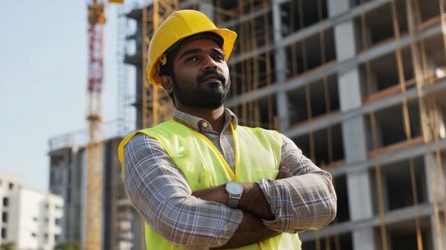 Construction Worker Contemplating: A focused construction worker stands with arms crossed, surveying the ongoing project with a determined expression.
