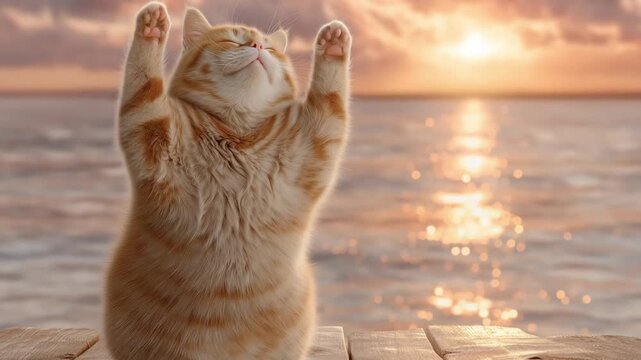 A Happy Orange Tabby Cat Dancing on a Pier at Sunset