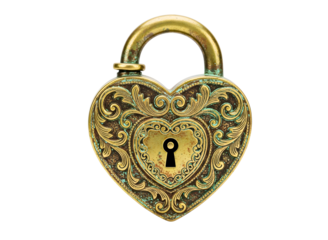 Ornate golden heart shaped padlock isolated on transparent background