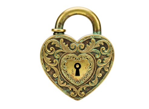 Ornate golden heart shaped padlock isolated on transparent background