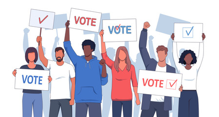 Modern different multi-ethnic people protest holding vote posters vector illustration