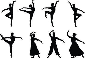 Dance, silhouette, ballet, folk, pose, gesture, movement, performance, costume, elegance, tradition, black, vector, illustration, flat, cad, drawing, classical, expressive, art, stage, culture