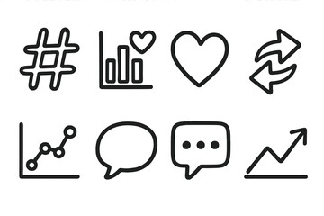 Social Media Insights set of icons in doodle hand-drawn vector style: hashtag symbol, engagement chart, like heart, share arrows, follower graph, message bubble, comment icon,