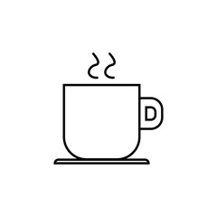 A black and white icon of a tea or coffee mug. A hot drink. Doodle style. Can be used in a mobile app, website, and advertising.