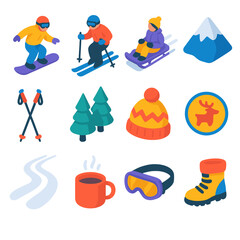 Snow Day Sports Alpine Adventure flat isometric set: snowboarder, skier, sled hill, mountain peak, ski poles, pine forest, wool hat, reindeer emblem, snow trail, hot drink, goggles