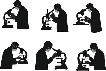 Scientist, silhouette, microscope, research, lab, mask, safety, observation, posture, gesture, study, black, vector, illustration, flat, cad, drawing, experiment, analysis, medical, laboratory, equipm