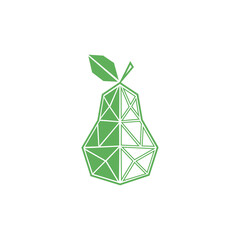 Geometric pear illustration with a leaf, depicted in green and white on a white background.