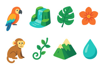 Rainforest Escape flat isometric set: parrot, waterfall, leaf, monkey, flower, vine, mountain, droplet.