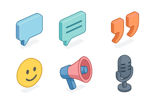 Conversation icons set icons in modern isometric flat vector style: chat bubble, speech lines, quotation marks, smiley face, megaphone, microphone.