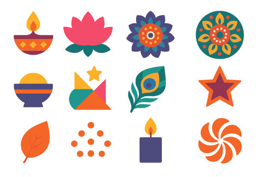 Diwali Rangoli flat icons: diya light, lotus, mandala, floral ring, color bowl, geometric shapes, peacock feather, star, leaf motif, dotted pattern, candle, petal swirl. , , High