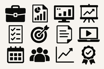 Corporate Self-Paced Learning silhouette set: briefcase, report chart, dashboard, analytics board, checklist, target icon, document file, training module, calendar, team avatar,