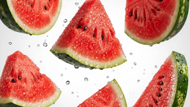 Juicy red watermelon slices with water droplets gracefully falling against a clean white background, showcasing freshness and healthy eating concepts in a vibrant and refreshing display