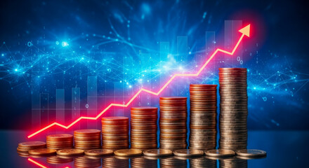 Coin stacks chart with glowing red arrow moving up, business investment and financial growth concept on blue technology background, stock market success illustration