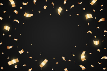 Gold confetti isolated on a black background. Falling golden ribbon for carnival, New Year, birthday and festival design. Festive splash confetti backdrop. Vector illustration