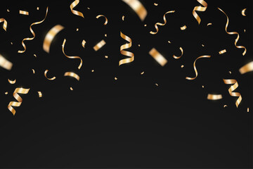 Gold confetti celebration party isolated on a black background. Falling golden ribbon for carnival, New Year, birthday and festival design. Confetti explosion on white backdrop. Vector illustration
