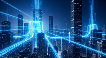 Futuristic smart city with glowing blue data streams and light trails connecting skyscrapers, big data and 5g network technology concept for modern metropolis