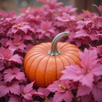 Among the pink fall foliage is an orange pumpkin.