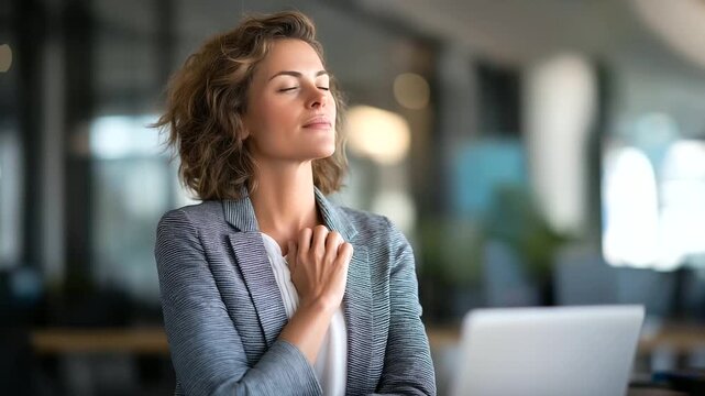 Office employee finding peace through faith during a stressful workday workplace mindfulness spiritual balance stress relief with copy space