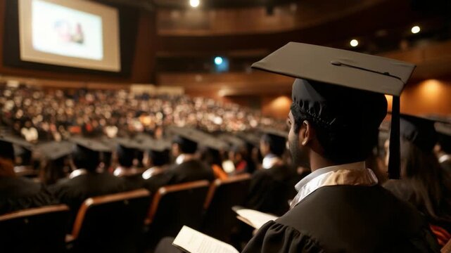 Academic Pride: A sea of graduates clad in caps and gowns gathers in a grand hall, anticipating the culmination of their academic journey, symbolizing ambition, honor, and intellect.