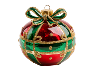 Glass Christmas Ornament with Red and Green Design, isolated on transparent cutout background