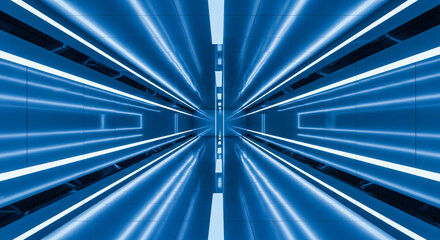 Empty high tech interior with laser lights, 3d render of long perspective hallway for science, gaming or cyberpunk event backdrop, infinity room effect