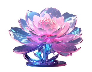 Side Perspective Neon Crystal Flower with Floating Light Trails, Transparent Background