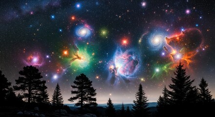 A vibrant, colorful depiction of nebulae and galaxies over a forest.