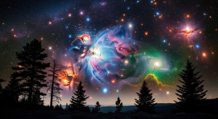 A vibrant nebula and starry sky are visible above a dark landscape with silhouetted pine trees.