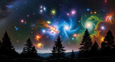 A vibrant, colorful galaxy swirls above a dark forest, with silhouetted trees reaching towards the cosmic display.