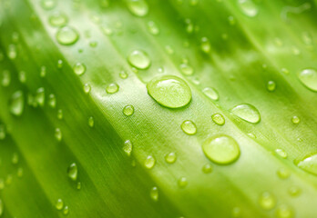 Background and Texture Water drops on banana leaves, macro of backdrop nature