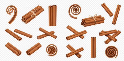 A set of cinnamon sticks in various arrangements, including bundles and spirals.