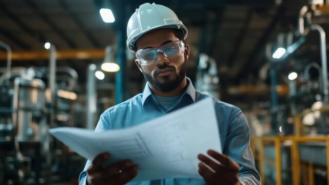 The Visionary Engineer: A dedicated engineer, wearing protective eyewear and a helmet, carefully examines blueprints within an industrial setting, focused on the intricate details.