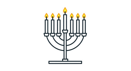 Line art menorah with seven lit candles illustration.
