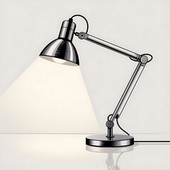 Modern adjustable metal desk lamp with bright light illuminating a surface