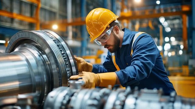 Engineering Precision: A focused engineer, adorned in safety attire, meticulously examines the intricate mechanics of industrial machinery, symbolizing precision and expertise.