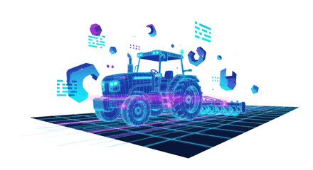 Futuristic smart tractor with a plow depicted as a glowing blue hologram with a digital interface. © solikhin