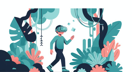 Person Wearing VR Headset Exploring Virtual Jungle Environment.